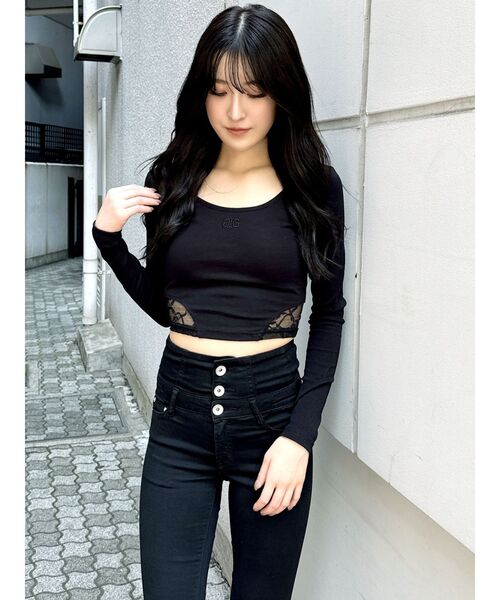 GYDA（ジェイダ）の「SIDEレースドッキングショートロンT（Tシャツ/カットソー・レディース・ブラック/オフホワイト・FREE）」の10枚目の写真