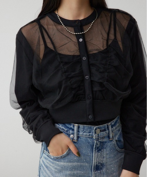 AZUL by moussy(アズールバイマウジー)の「チュールドッキングカーディガン(カーディガン/ボレロ・レディース・グレー/ブラック/アイボリー・FREE)」の1枚目の写真