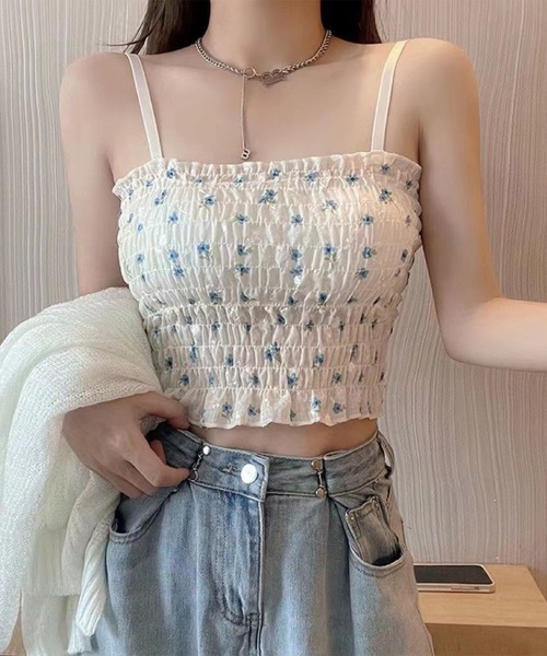 Lace Ladies（レースレディース）の「カラフル フラワー シャーリング カップ付き キャミソール（キャミソール・レディース・ブルー/イエロー/グリーン/ピンク・FREE）」の3枚目の写真