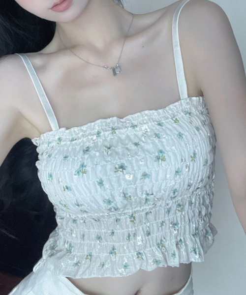 Lace Ladies（レースレディース）の「カラフル フラワー シャーリング カップ付き キャミソール（キャミソール・レディース・ブルー/イエロー/グリーン/ピンク・FREE）」の2枚目の写真