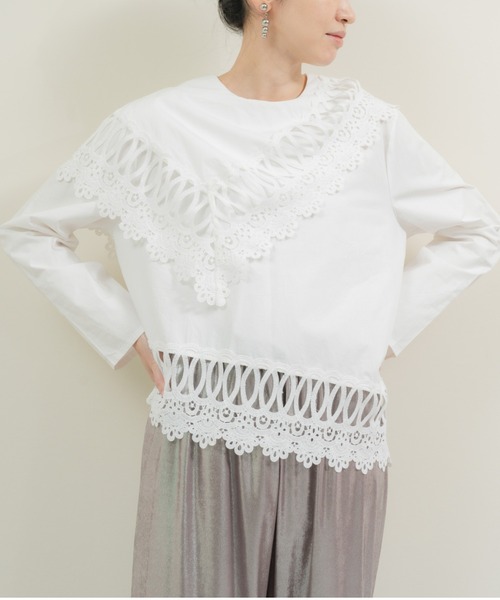 【美品】POPPY ブラウス レース襟 ホワイト PICCIN（ピッチン）の「【WEB限定】襟レースフレンチスリーブ
