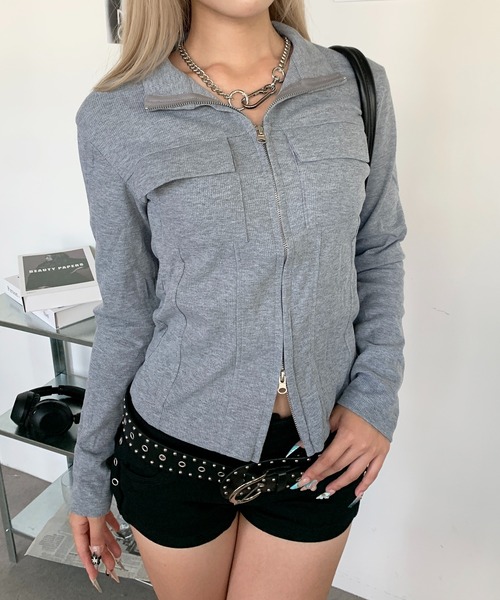 lilful（リルフル）の「ダブルジップ スリムライン フロントポケットデザイントップス（Tシャツ/カットソー・レディース・グレー・M/L）」の21枚目の写真