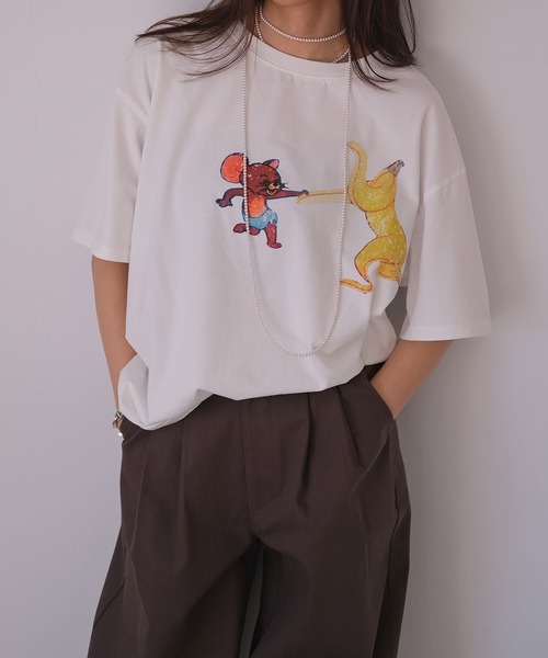 AKTE（アクテ）の「トム＆ジェリーTシャツ（Tシャツ/カットソー・レディース・ホワイト/ブラック・FREE）」の4枚目の写真