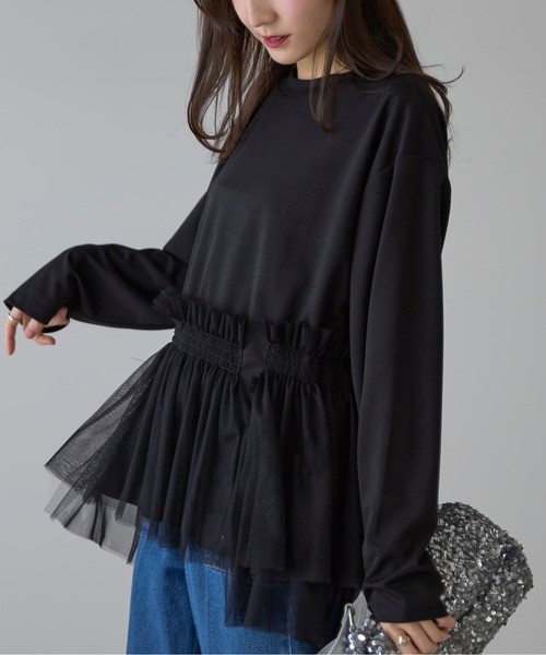 &. NOSTALGIA(アンドドットノスタルジア)の「【ZOZO限定】裾オーガンジー切替チュニック(Tシャツ/カットソー・レディース・グレー/ブラック・M)」の2枚目の写真