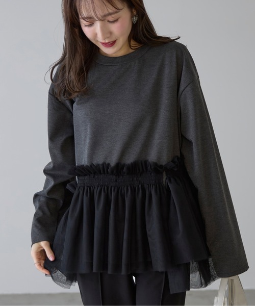 &. NOSTALGIA(アンドドットノスタルジア)の「【ZOZO限定】裾オーガンジー切替チュニック(Tシャツ/カットソー・レディース・グレー/ブラック・M)」の8枚目の写真