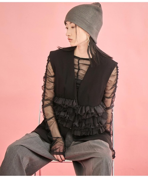 Settimissimo（セッティミッシモ）の「フロント ティアード フリル デザイン ジレ（ベスト・レディース・ブラック/ネイビー・FREE）」の5枚目の写真