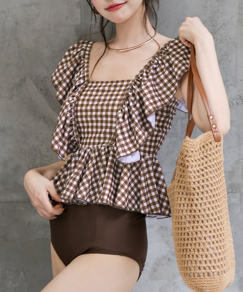 TeddyShop（テディショップ）の「レディース水着 ギンガムチェックペプラムフリルハイウエストタンキニ 上下2点セット（水着・レディース・ブルー系その他/ブラック×ホワイト/レッド系その他/ブラウン系その他・M/L/S）」の2枚目の写真