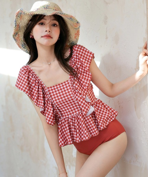 レディース水着 ギンガムチェックペプラムフリルハイウエストタンキニ