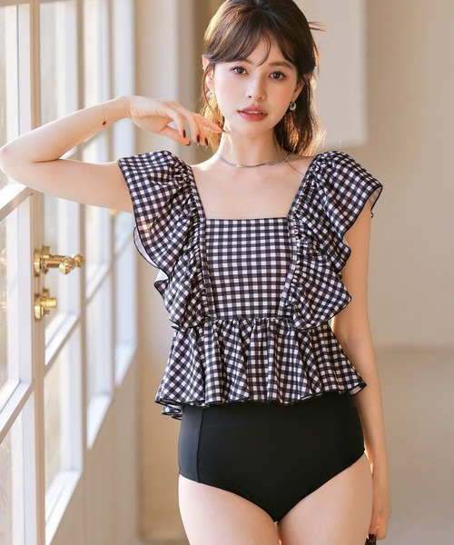 レディース水着 ギンガムチェックペプラムフリルハイウエストタンキニ