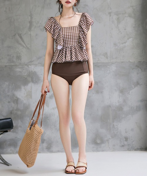 レディース水着 ギンガムチェックペプラムフリルハイウエストタンキニ