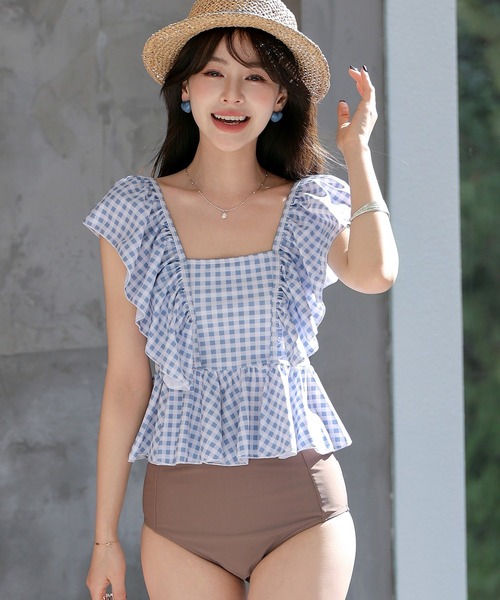 レディース水着 ギンガムチェックペプラムフリルハイウエストタンキニ