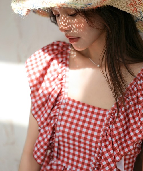 TeddyShop（テディショップ）の「レディース水着 ギンガムチェックペプラムフリルハイウエストタンキニ 上下2点セット（水着・レディース・ブルー系その他/ブラック×ホワイト/レッド系その他/ブラウン系その他・M/L/S）」の13枚目の写真