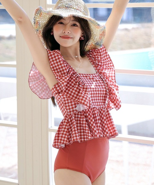 TeddyShop（テディショップ）の「レディース水着 ギンガムチェックペプラムフリルハイウエストタンキニ 上下2点セット（水着・レディース・ブルー系その他/ブラック×ホワイト/レッド系その他/ブラウン系その他・M/L/S）」の9枚目の写真