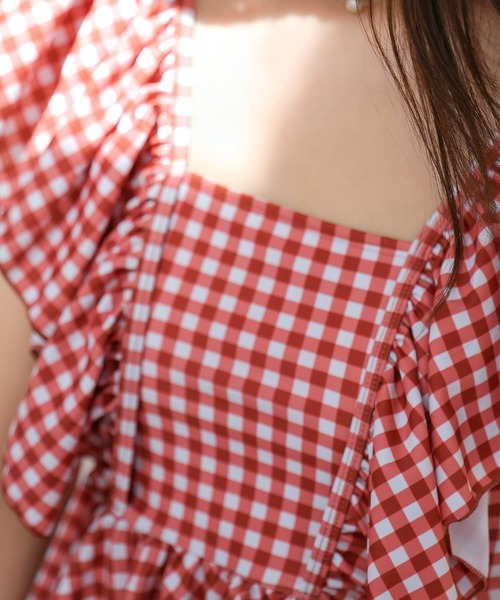 TeddyShop（テディショップ）の「レディース水着 ギンガムチェックペプラムフリルハイウエストタンキニ 上下2点セット（水着・レディース・ブルー系その他/ブラック×ホワイト/レッド系その他/ブラウン系その他・M/L/S）」の8枚目の写真