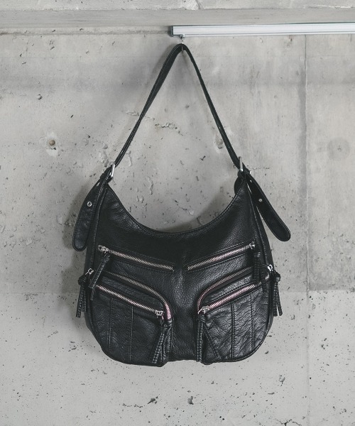 セール】Synthetic Leather Zip Pocket Shoulder Bag / 合成皮革