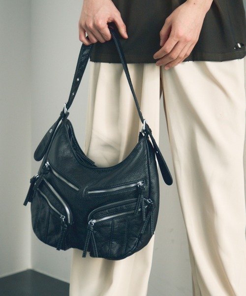 ショルダーバッグ SHOULDER BAG セール】Synthetic Leather Zip Pocket Shoulder Bag / 合成皮革