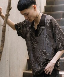 総柄 メッシュ編み ニットポロシャツ ショートスリーブ