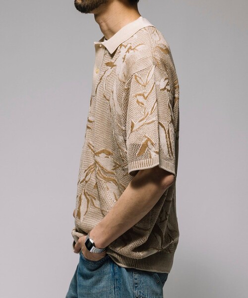 セール】総柄 メッシュ編み ニットポロシャツ ショートスリーブ