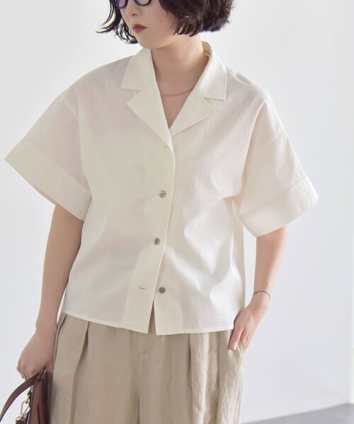 SHIPS for women / シップスウィメン quaranciel:〈洗濯機可能〉ミニサッカー ハーフスリーブ 開襟 シャツ quaranciel:〈洗濯機可能〉ミニサッカー ハーフスリーブ 開襟
