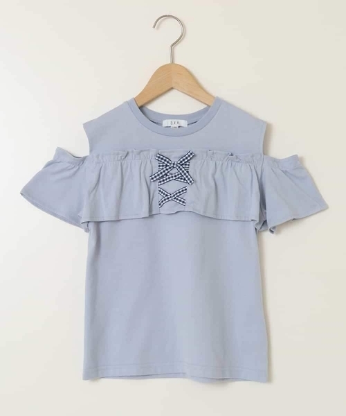 a.v.v（アーヴェヴェ）の「【接触冷感/ジメジメ対策/毛玉になりにくい/安心の綿100％】[100-130]フリルオフショルTシャツ（Tシャツ/カットソー・キッズ・ダークインディゴブルー/ライラック・100/110/120/130）」の3枚目の写真