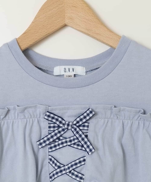 a.v.v（アーヴェヴェ）の「【接触冷感/ジメジメ対策/毛玉になりにくい/安心の綿100％】[100-130]フリルオフショルTシャツ（Tシャツ/カットソー・キッズ・ダークインディゴブルー/ライラック・100/110/120/130）」の5枚目の写真