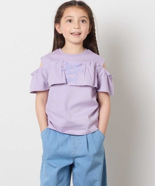 a.v.v（アーヴェヴェ）の「【接触冷感/ジメジメ対策/毛玉になりにくい/安心の綿100％】[100-130]フリルオフショルTシャツ（Tシャツ/カットソー・キッズ・ダークインディゴブルー/ライラック・100/110/120/130）」の9枚目の写真