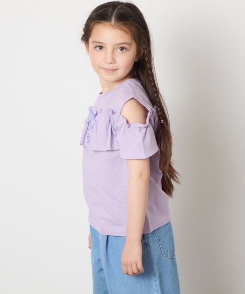 a.v.v（アーヴェヴェ）の「【接触冷感/ジメジメ対策/毛玉になりにくい/安心の綿100％】[100-130]フリルオフショルTシャツ（Tシャツ/カットソー・キッズ・ダークインディゴブルー/ライラック・100/110/120/130）」の10枚目の写真