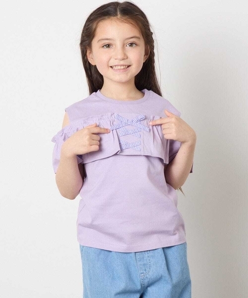 a.v.v（アーヴェヴェ）の「【接触冷感/ジメジメ対策/毛玉になりにくい/安心の綿100％】[100-130]フリルオフショルTシャツ（Tシャツ/カットソー・キッズ・ダークインディゴブルー/ライラック・100/110/120/130）」の11枚目の写真