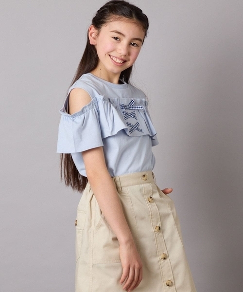 a.v.v（アーヴェヴェ）の「【接触冷感/ジメジメ対策/毛玉になりにくい/安心の綿100％】[100-130]フリルオフショルTシャツ（Tシャツ/カットソー・キッズ・ダークインディゴブルー/ライラック・100/110/120/130）」の16枚目の写真