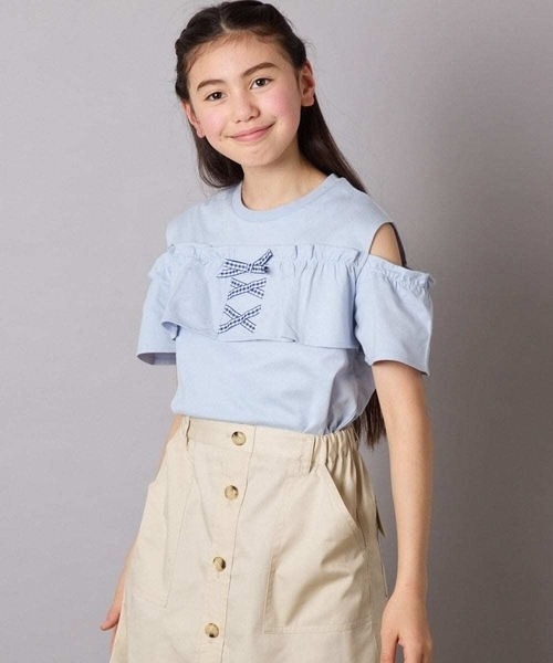 a.v.v（アーヴェヴェ）の「【接触冷感/ジメジメ対策/毛玉になりにくい/安心の綿100％】[100-130]フリルオフショルTシャツ（Tシャツ/カットソー・キッズ・ダークインディゴブルー/ライラック・100/110/120/130）」の18枚目の写真