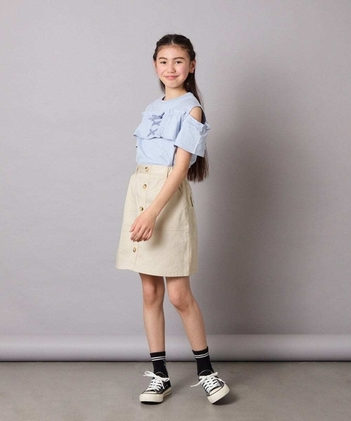 a.v.v（アーヴェヴェ）の「【接触冷感/ジメジメ対策/毛玉になりにくい/安心の綿100％】[100-130]フリルオフショルTシャツ（Tシャツ/カットソー・キッズ・ダークインディゴブルー/ライラック・100/110/120/130）」の22枚目の写真