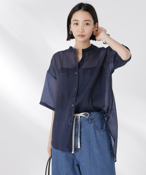 NANO universe（ナノユニバース）の「バンドカラーシアー半袖シャツ（シャツ/ブラウス・レディース・ホワイト/ネイビー/ブラウン・FREE）」の18枚目の写真