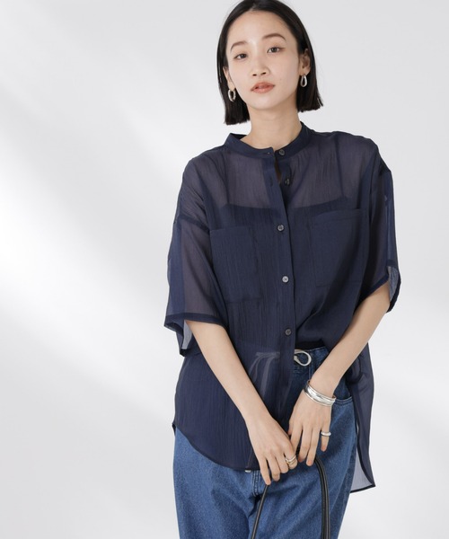 NANO universe（ナノユニバース）の「バンドカラーシアー半袖シャツ（シャツ/ブラウス・レディース・ホワイト/ネイビー/ブラウン・FREE）」の20枚目の写真