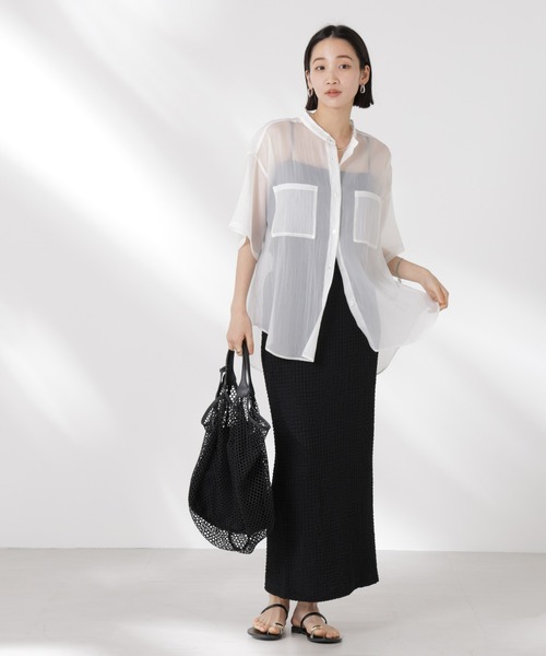 NANO universe（ナノユニバース）の「バンドカラーシアー半袖シャツ（シャツ/ブラウス・レディース・ホワイト/ネイビー/ブラウン・FREE）」の7枚目の写真