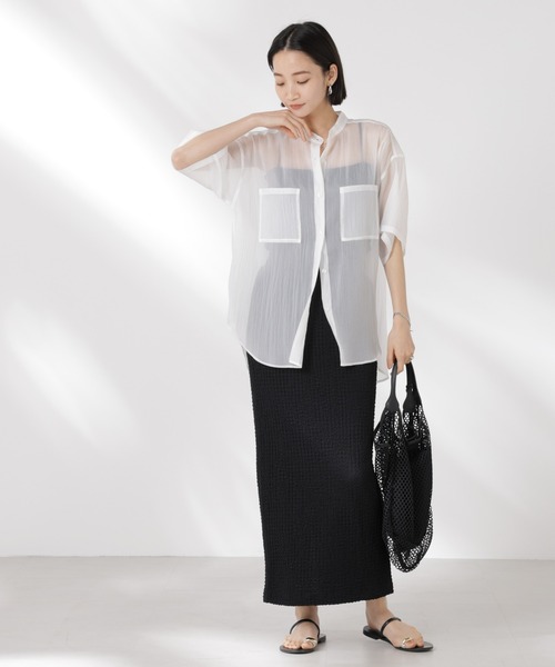 NANO universe（ナノユニバース）の「バンドカラーシアー半袖シャツ（シャツ/ブラウス・レディース・ホワイト/ネイビー/ブラウン・FREE）」の10枚目の写真