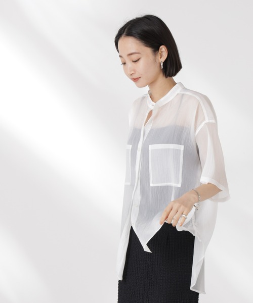 NANO universe（ナノユニバース）の「バンドカラーシアー半袖シャツ（シャツ/ブラウス・レディース・ホワイト/ネイビー/ブラウン・FREE）」の5枚目の写真