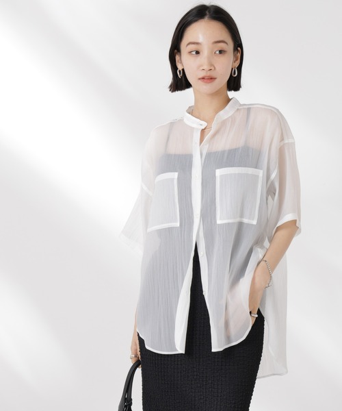 NANO universe（ナノユニバース）の「バンドカラーシアー半袖シャツ（シャツ/ブラウス・レディース・ホワイト/ネイビー/ブラウン・FREE）」の6枚目の写真