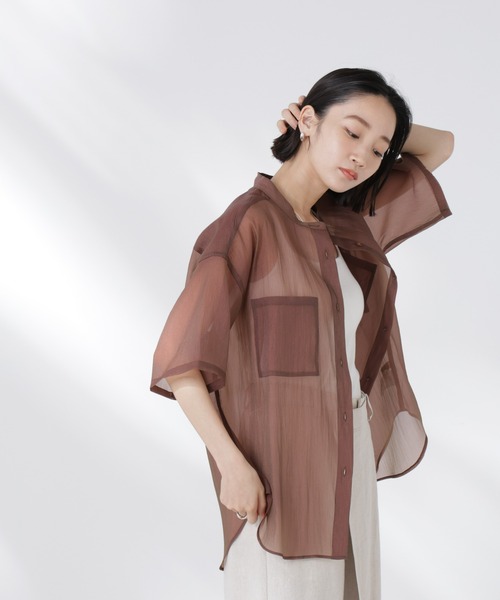 NANO universe（ナノユニバース）の「バンドカラーシアー半袖シャツ（シャツ/ブラウス・レディース・ホワイト/ネイビー/ブラウン・FREE）」の11枚目の写真