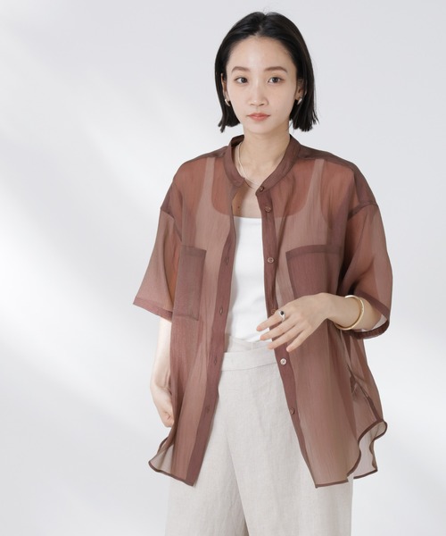 NANO universe（ナノユニバース）の「バンドカラーシアー半袖シャツ（シャツ/ブラウス・レディース・ホワイト/ネイビー/ブラウン・FREE）」の12枚目の写真