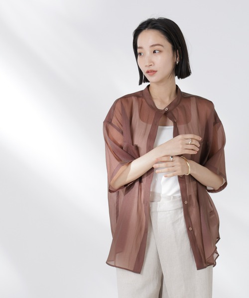 NANO universe（ナノユニバース）の「バンドカラーシアー半袖シャツ（シャツ/ブラウス・レディース・ホワイト/ネイビー/ブラウン・FREE）」の13枚目の写真