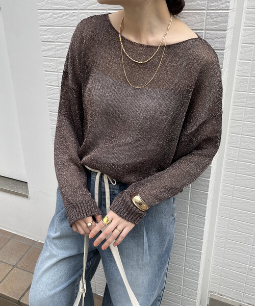 DOUDOU ラメ入りベージュニットセーター 長袖 DouDou（ドゥドゥ）の「ショート丈ラメメッシュプルオーバー