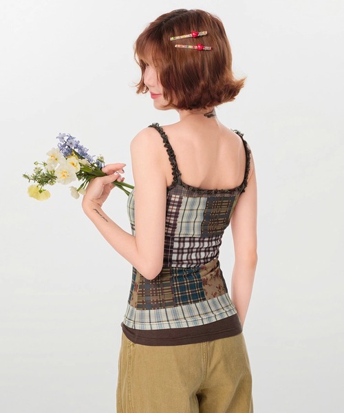 tシャツ パッチワークチェック柄 レースストラップ キャミソールトップス GH25s101「Girlyhalo」 レディース パッチワークチェック柄 レースストラップ キャミソールトップス