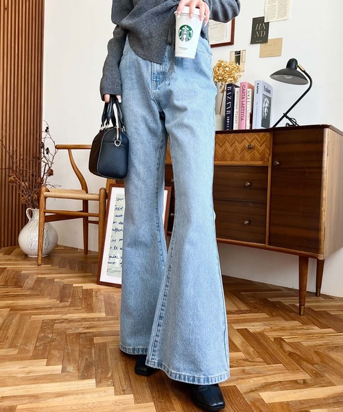 セール】デニム＆ツイルフレアパンツ（デニムパンツ）｜moment+