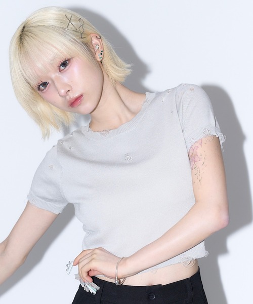 ハーフスリーブダメージニット（Tシャツ/カットソー）｜17HR
