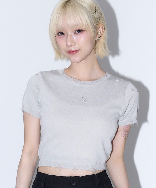 【新品未使用】sheller シェリエ　ハーフスリーブステッチニット　ニット ニット セーター メッシュ ハーフ スリーブ トップス レディース