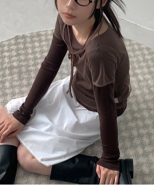 SHEPP(シープ)の「ドットチュールレイヤードTシャツ / シアー(Tシャツ/カットソー・レディース・ホワイト/パープル/ブラウン/ブラック・F)」の3枚目の写真