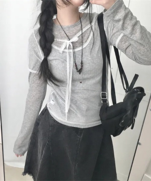 SHEPP(シープ)の「ドットチュールレイヤードTシャツ / シアー(Tシャツ/カットソー・レディース・ホワイト/パープル/ブラウン/ブラック・F)」の1枚目の写真