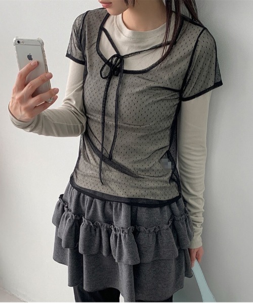 SHEPP(シープ)の「ドットチュールレイヤードTシャツ / シアー(Tシャツ/カットソー・レディース・ホワイト/パープル/ブラウン/ブラック・F)」の2枚目の写真