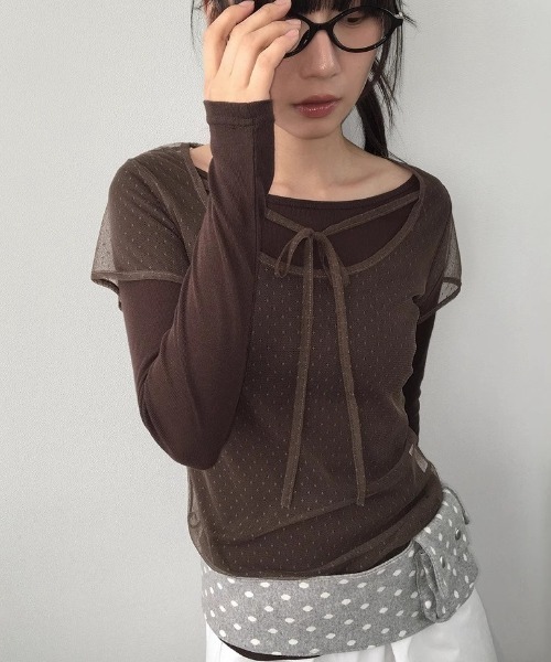 SHEPP(シープ)の「ドットチュールレイヤードTシャツ / シアー(Tシャツ/カットソー・レディース・ホワイト/パープル/ブラウン/ブラック・F)」の8枚目の写真