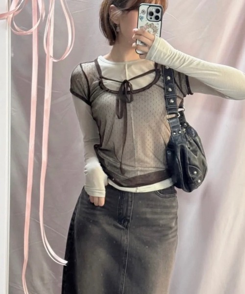 SHEPP(シープ)の「ドットチュールレイヤードTシャツ / シアー(Tシャツ/カットソー・レディース・ホワイト/パープル/ブラウン/ブラック・F)」の9枚目の写真